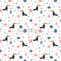Naklejki Seamless pattern with toucan and leaves. Cute background with de