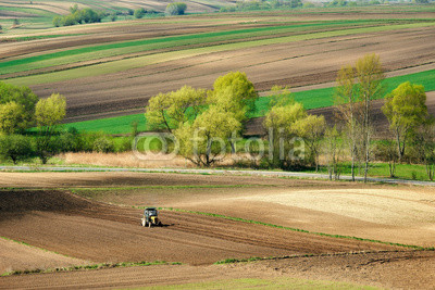 Farmer in tractor preparing land with seedbed cultivator, spirng, countryside in Ponidzie, Poland