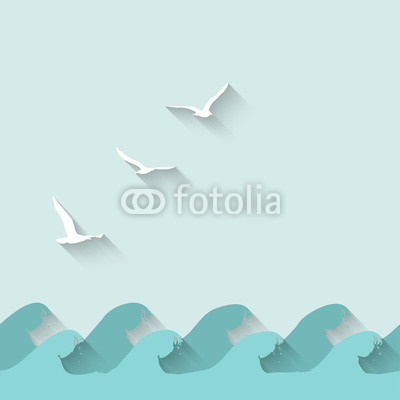marine background with waves and birds