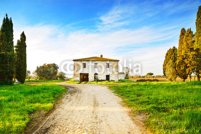 Old abandoned rural house, road and trees on sunset.Tuscany, Ita