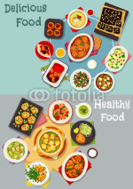 Tasty dinner dishes icon for food theme design