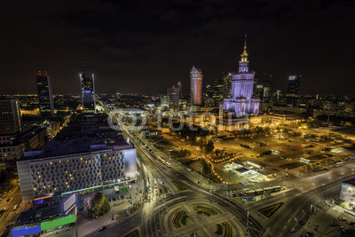Warsaw downtown at night aerial view, Poland