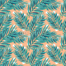 Fototapety Tropical palm leaves pattern. Trendy print design with abstract jungle foliage. Exotic seamless background. Vector illustration