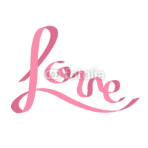 Naklejki Pink satin ribbon in shape of word Love. Calligraphic. Flat design. White background. Isolated.