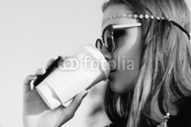 Fototapety Beautiful hipster woman with cup of coffee