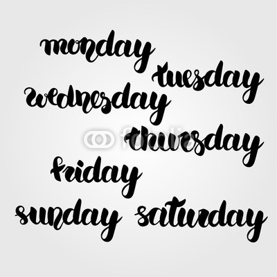 Monday, tuesday, wednesday, thursday, friday, saturday and sunday lettering. Hand drawn vector black and white calligraphy set of full days of week. Easy editable