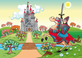 Fototapety Panorama with medieval castle and knight. Vector illustration.