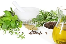 Fototapety Mortar and pestle with fresh herbs and spices.