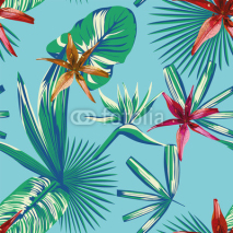 Obrazy i plakaty Seamless tropical leaves and flowers blue background