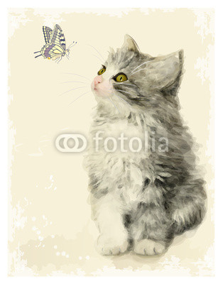 Vintage greeting card with fluffy kitten and butterfly.  Imitati