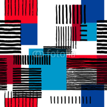 Fototapety Striped geometric seamless pattern. Hand drawn uneven black stripes on colorful rectangles, free layout. Red and blue sporty tones. Textile design.