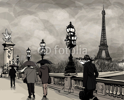 Drawing of Alexander III bridge in Paris showing Eiffel tower