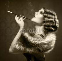 Naklejki Smoking Retro Woman. Vintage Styled Black and White Photo