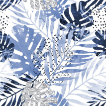 Fototapety Art illustration: trendy tropical leaves filled with watercolor grunge marble texture, doodle elements background.