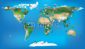 world map for childrens using cartoons of animals and famous lan
