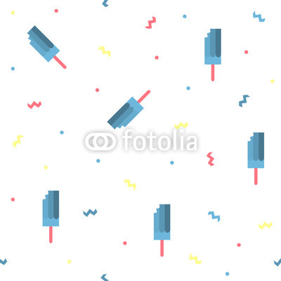 Summer seamless pattern with ice cream and zigzag confetti. Geometric colorful background. Vector flat illustration. Isolated elements on white background