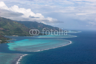 Coastline of Moorea, French Polynesia, surrounded by coral reefs