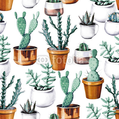 Watercolor cactus tropical garden seamless pattern. Watercolour cactus pattern