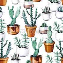 Naklejki Watercolor cactus tropical garden seamless pattern. Watercolour cactus pattern