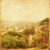View of Barcelona from Park Guell in grunge and retro style.