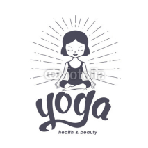 Naklejki Yoga for kids logo with calm little girl. Vector illustration isolated on white background.