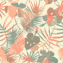 Fototapety Seamless exotic pattern with tropical plants and geometric background.