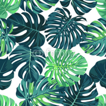 Fototapety Vector seamless pattern with green monstera palm leaves on dark background. Summer tropical fabric design.
