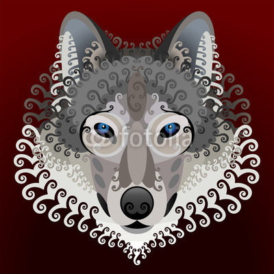 Wolf's face with swirls. Vector image front view of wolf head