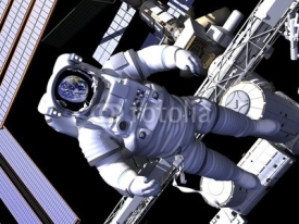 The astronaut and flying modern satellite in outer space