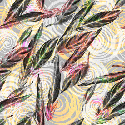 Tropical foliage seamless pattern. Colorful watercolor leaves of exotic Calathea Whitestar plant on spiral geometric pattern, blended effect. Textile print.