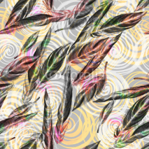 Naklejki Tropical foliage seamless pattern. Colorful watercolor leaves of exotic Calathea Whitestar plant on spiral geometric pattern, blended effect. Textile print.