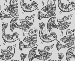 Fototapety Seamless pattern with hand drawn fancy birds in ethnic style