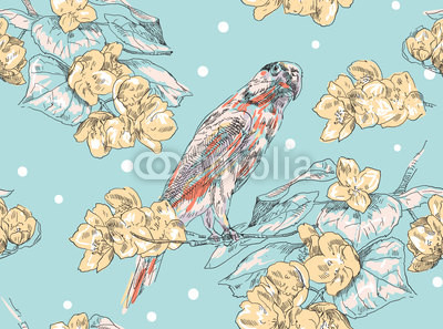Hand-drawing parrot sitting on branch seamless pattern