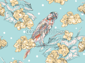 Fototapety Hand-drawing parrot sitting on branch seamless pattern