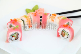 Fototapety Rainbow Maki Sushi with Eel, Tuna, Salmon and Avocado