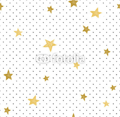 Hand drawn creative background. Simple minimalistic  seamless pattern with golden stars and dots. Universal vector design.