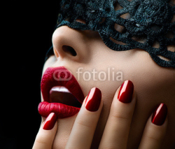 Naklejki Beautiful Woman with Black Lace mask over her Eyes
