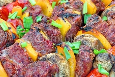 Close-up Of Assorted Beef, Tomato, Pepper and Mushrooms Kebabs