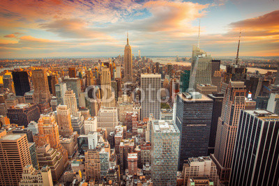 Sunset view of New York City looking over midtown Manhattan