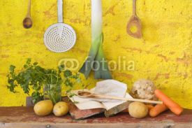 Fototapety vegetables for the soup, vintage kitchen utensils, cookbook, slo