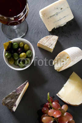 Overhead shot of a cheese plate.