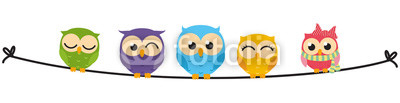 Happy Owl family sit on wire