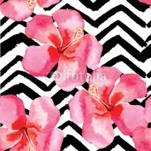 Fototapety tropical hibiscus watercolor pattern, black and white background