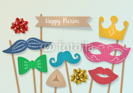 Purim holiday concept with cardboard carnival mask, mustache and