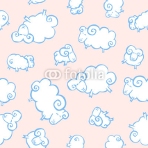 Naklejki Seamless baby pattern - white sheeps like clouds on a pink backg