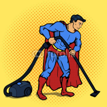 Naklejki Superhero man with vacuum cleaner pop art vector