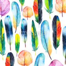 Fototapety Watercolor feathers set.Pattern with hand drawn feathers
