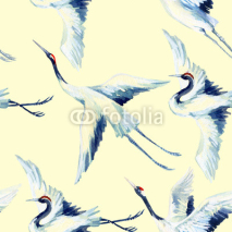 Fototapety Watercolor asian crane bird seamless pattern
