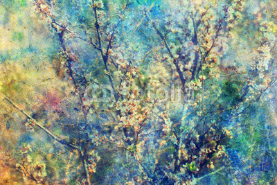 Blooming twigs and grunge messy watercolor splatter