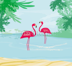 Naklejki illustration with green palms and pink flamingo